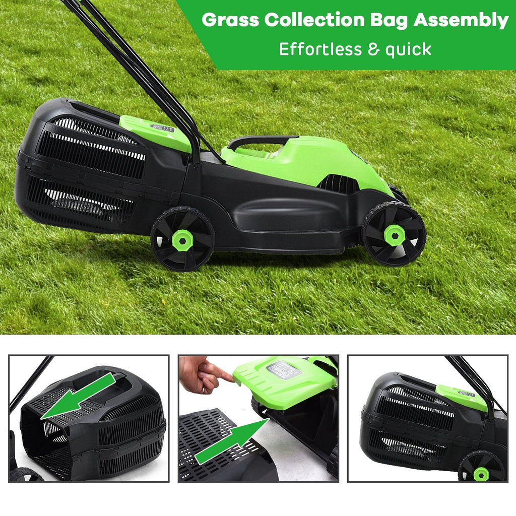 13 Inch Electric Push Lawn Corded Mower with Grass Bag-Green