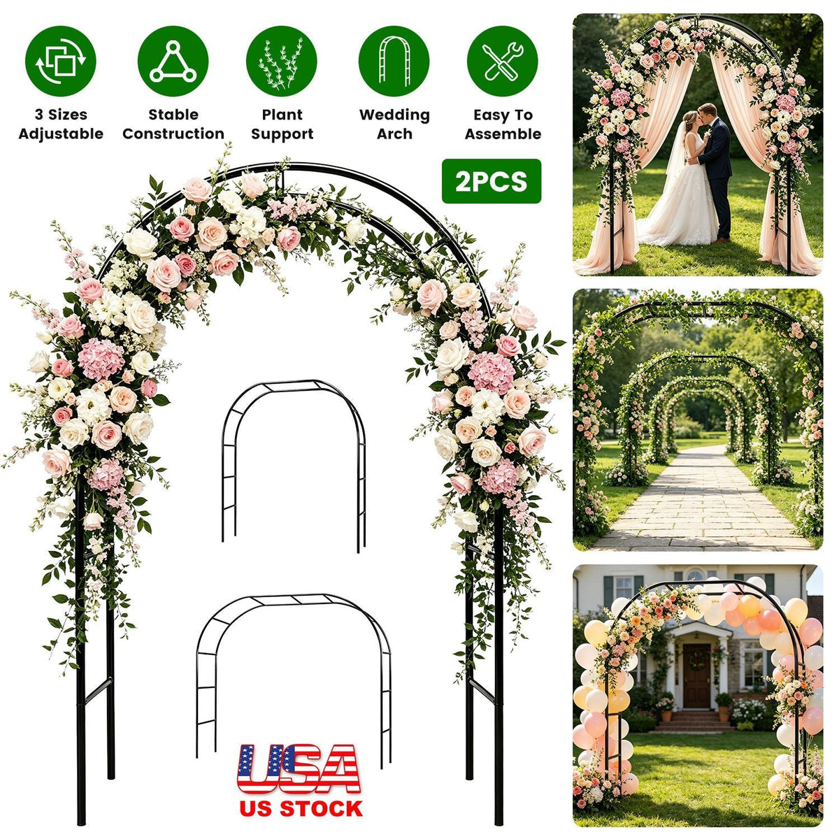 Adjustable Metal Garden Arch for Climbing Plants - 7.87ft Tall