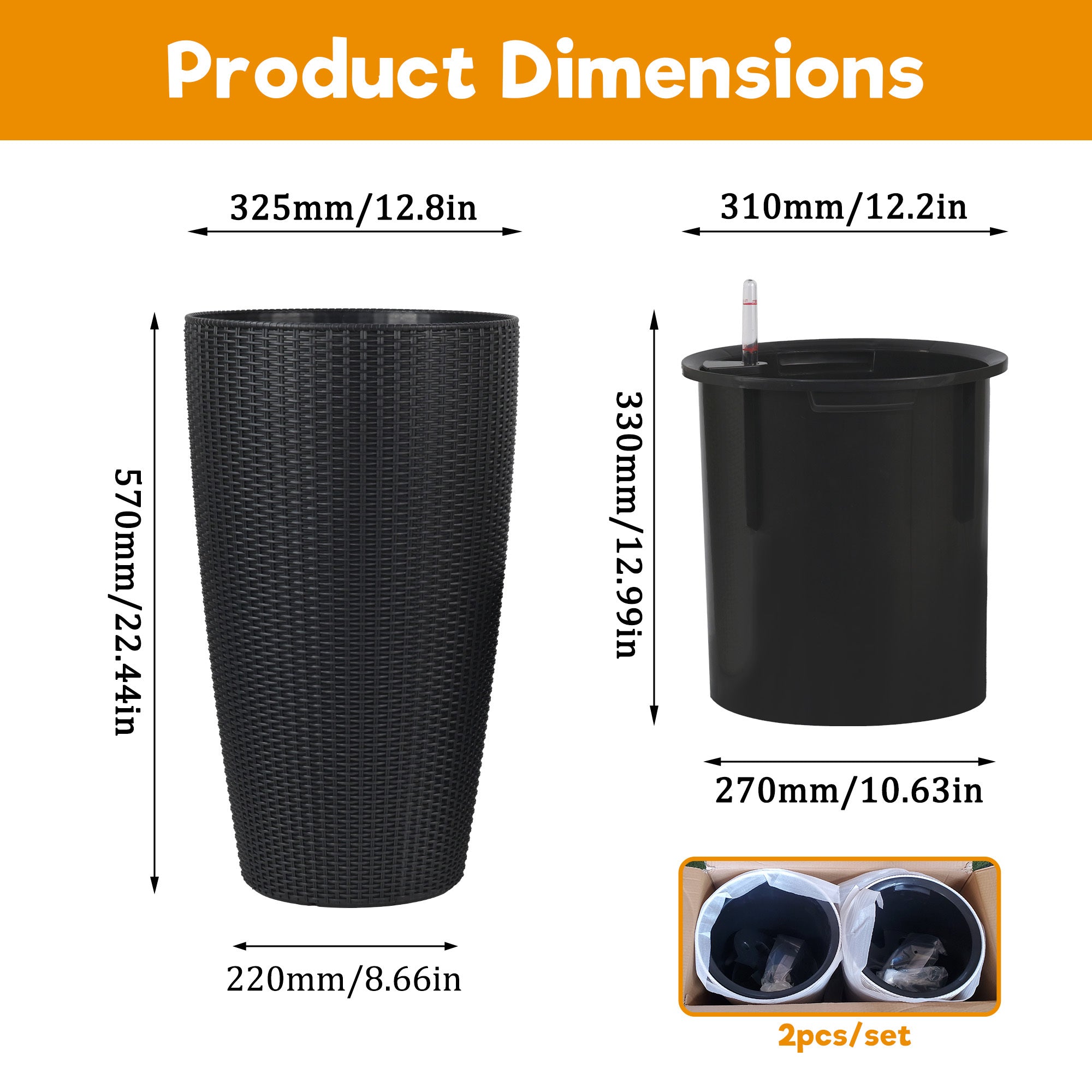 Faux Rattan Tall Planters Set with Water Level Monitor and Auto Watering, Black, Polypropylene, 22 Inch