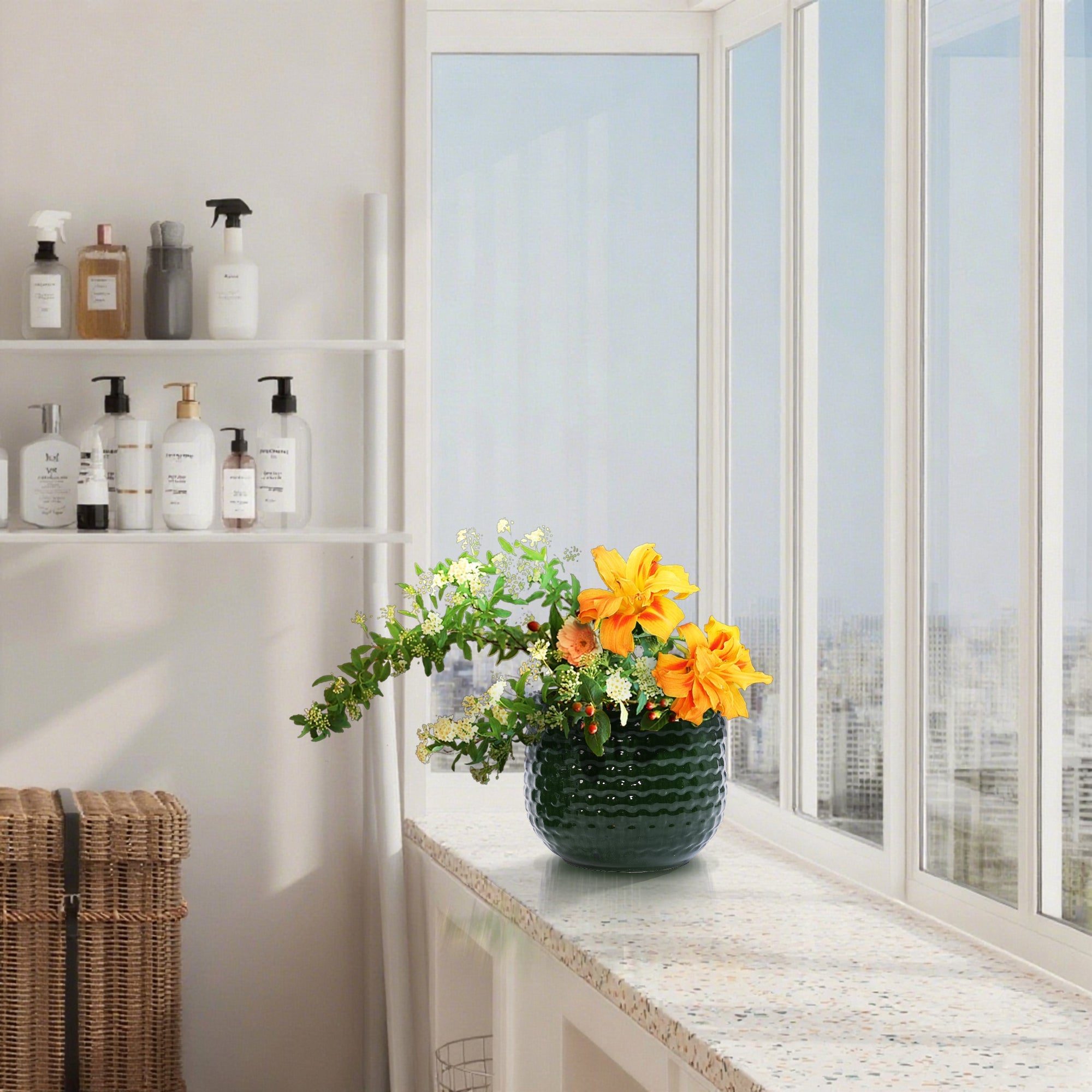 3 Pieces Ceramic Flowerpot, Modern Planter for Patio, Garden or Windowsills - Dark Green