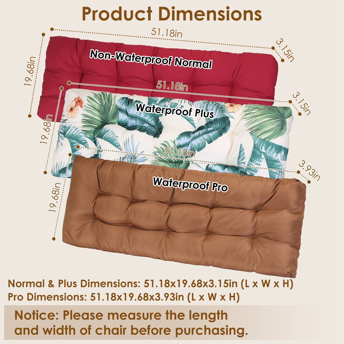 Bench Seat Cushion For Indoor Outdoor Furniture Non Slip Long Chair Cushion with Ties Strap Waterproof Swing Cushion 51.18x19.68IN For Garden Patio Ba