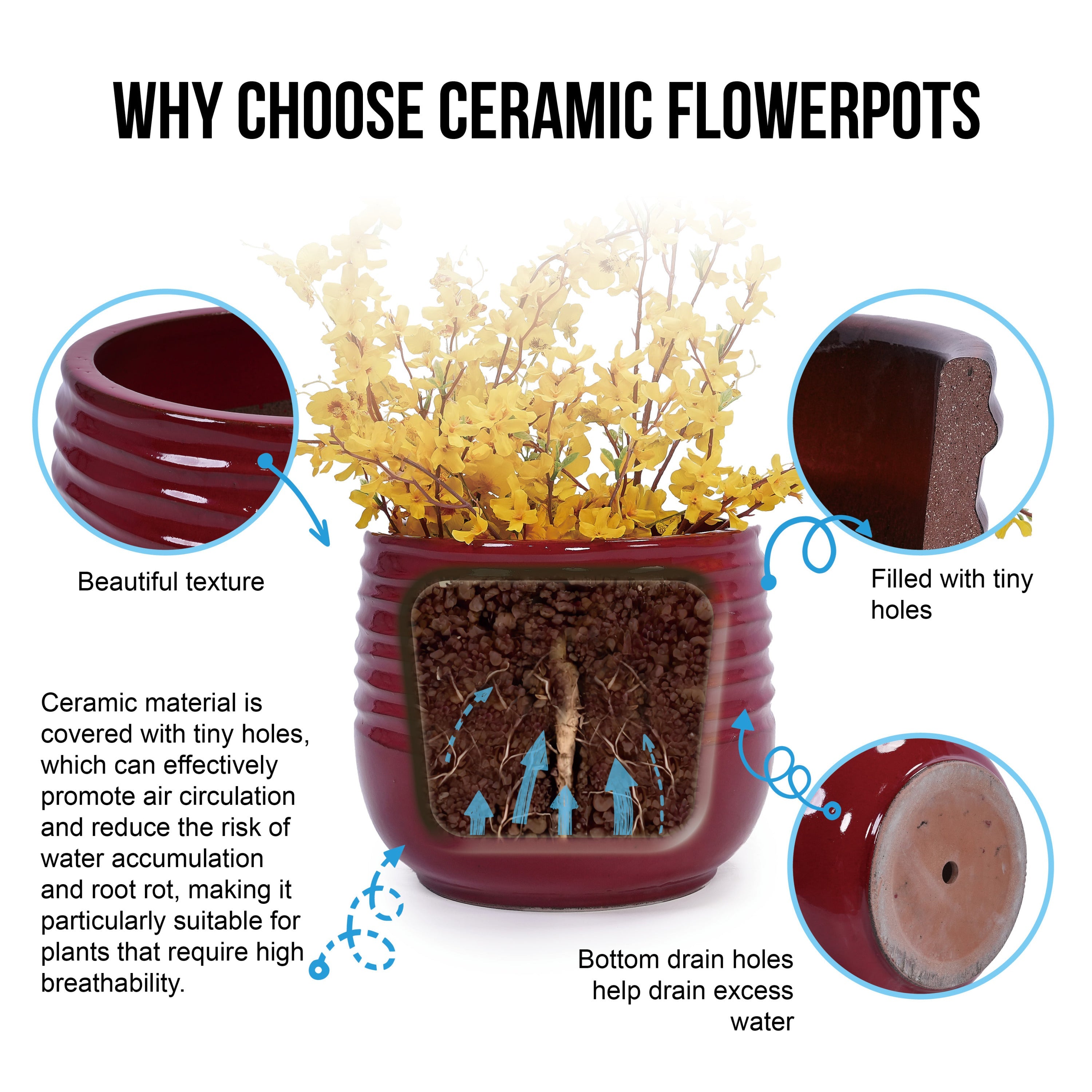 3 Pieces Ceramic Flowerpot, Modern Planter for Patio, Garden or Windowsills - Bean Paste Red