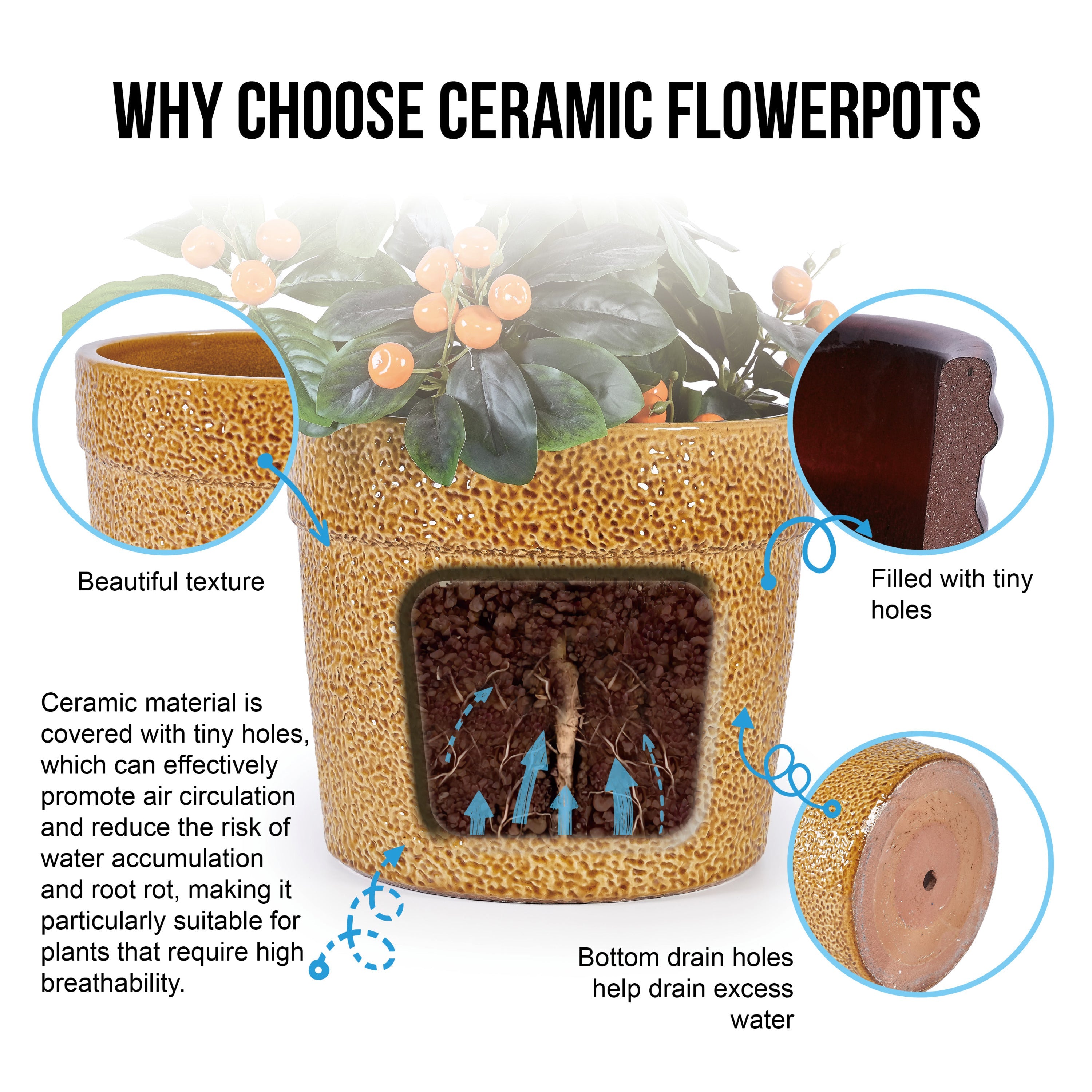 3 Pieces Ceramic Flowerpot, Modern Planter for Patio, Garden or Windowsills - Antique Yellow