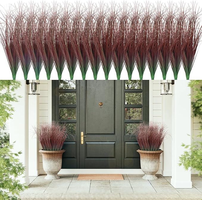 48Pcs Artificial Grass Plants, Faux Shrubs Wheat Grass, Artificial Tall Grasses Fake Plants for Outdoor Decor,Artificial Greenery Stems Weed for Room Indoor Home Decor（Red）