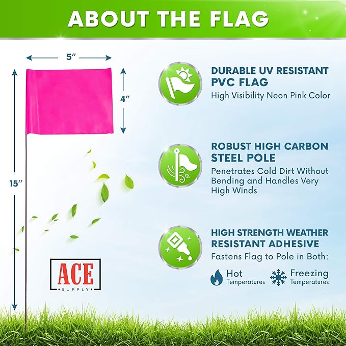 Fluorescent Pink Marking Flags, 100 Pack - 4x5-Inch Marker Flags - 15-Inch Wire - for Lawn, Irrigation, Dog Training, Landscape, Survey