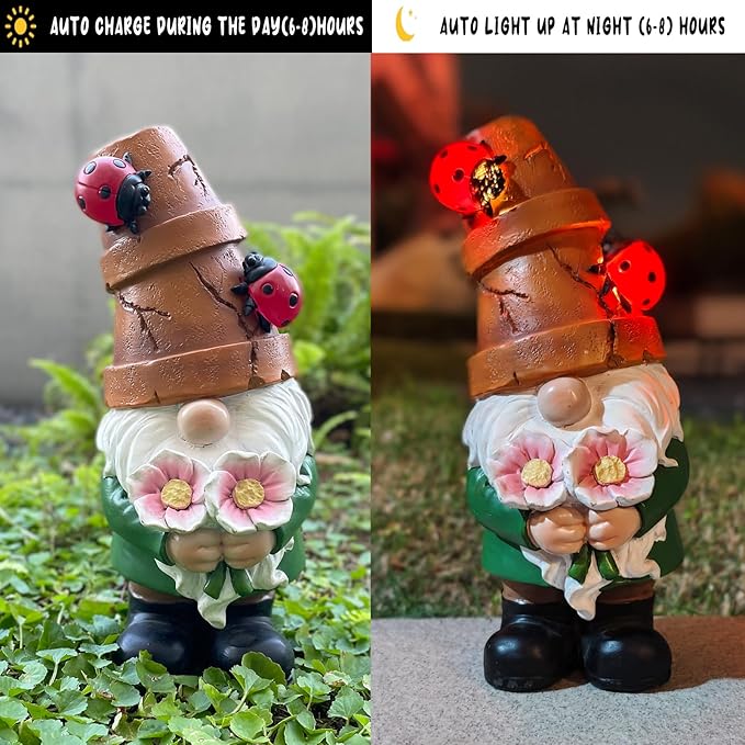 Garden Gnome Statues Outdoor Decor, Solar Gnomes with LED Lighted Flowers, Solar Resin Outdoor Statue Sculpture, for Woman Gift Home and Garden Decor
