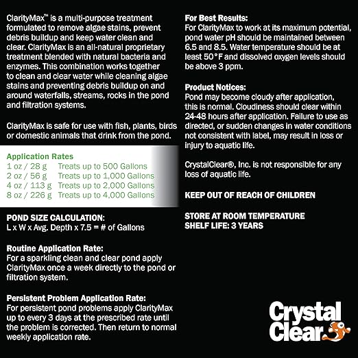 CrystalClear ClarityMax, All-in-One Pond Clarifier Treatment, All-Natural Beneficial Bacteria & Enzymes Provide Max Clarity, Koi Fish & Pet Safe, Algae Stain Remover, Crystal Clear Water Garden 2.5LB