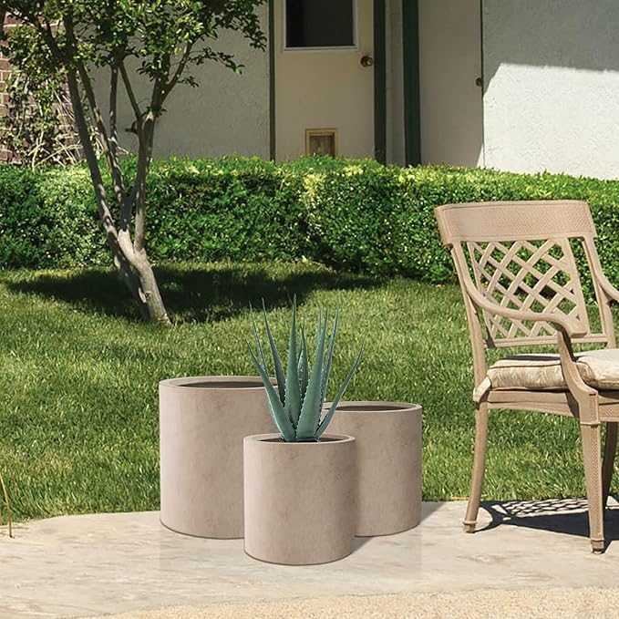 Kante 9.8",12.6",15.7" Dia Round Concrete Planter Set of 3, Modern Style Large Cylindrical Plant Pot with Drainage Hole and Rubber Plug for Indoor Outdoor Patio, Weathered Concrete