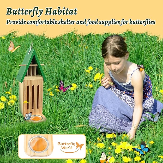 Butterfly House and Feeder for Outside, Wooden Butterfly House for Garden, Natural Butterfly Habitat with Butterfly Puddler on The Floor or Hanging on Tree Wall