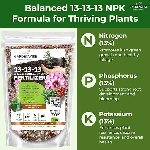 13-13-13 Slow Release Granular Fertilizer – All Purpose Plant Food 13 13 13 for Outdoor Grass, Vegetables, Roses, Flowers, Shrubs, Trees. Lawns, Gardens, Potted Plants (20 quarts)