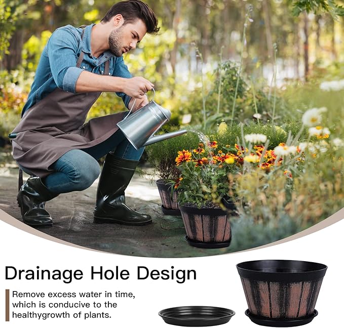Quarut 8 inch Brown Plastic Whiskey Barrel Plant Pots Set of 4 with Drainage Holes and Saucer for Indoor and Outdoor Garden Home Plants