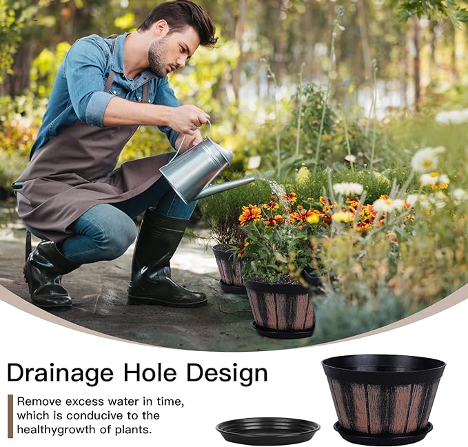 Quarut 8 inch Brown Plastic Whiskey Barrel Plant Pots Set of 4 with Drainage Holes and Saucer for Indoor and Outdoor Garden Home Plants