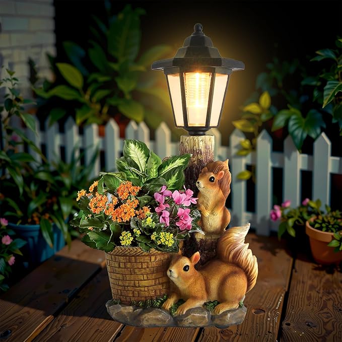 Solar Squirrels Outdoor Statues, Garden Sculptures with Flowerpot Decor & Solar Lantern for Yard Art Lawn Ornaments Porch Patio Balcony - Birthday Gifts for Women Mom
