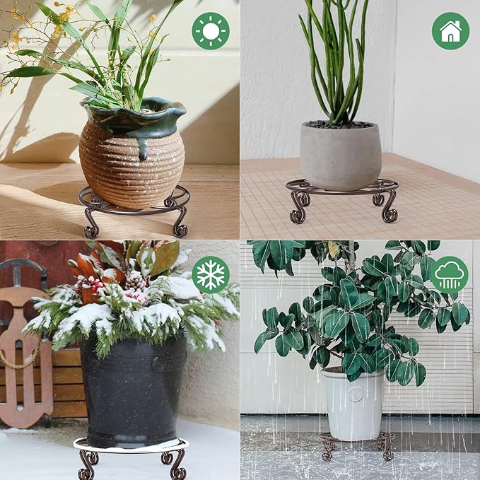 Yimobra 4 Pack Plant Stand for Flower Pot Heavy Duty Potted Holder Indoor Outdoor Metal Rustproof Iron Garden Container Round Supports Rack for Planter (4PC Brown 9.4 x 2 IN)
