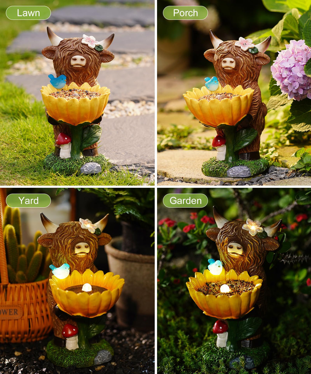 Nacome Solar Highland Cow Garden Decor Outdoor Statue Brown Realistic