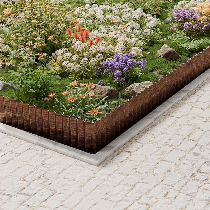 SnugNiture Corrugated Metal Garden Edging,8" x 20' Sturdy Lawn Edging Border,Landscape Edging Border for Lawn, Flower Bed,Garden and Yard(Brown)
