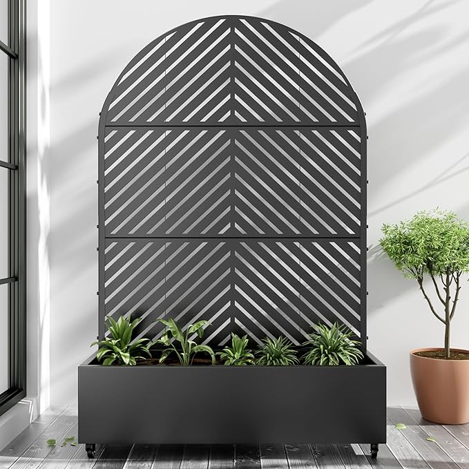 Casaphoria Metal Raised Garden Bed with Trellis and Wheels, 72"x47"x16" Arched Planter Box for Climbing Plants, Vegetables & Vines, Features Drainage Holes and Privacy Screen (Black-Parallel)