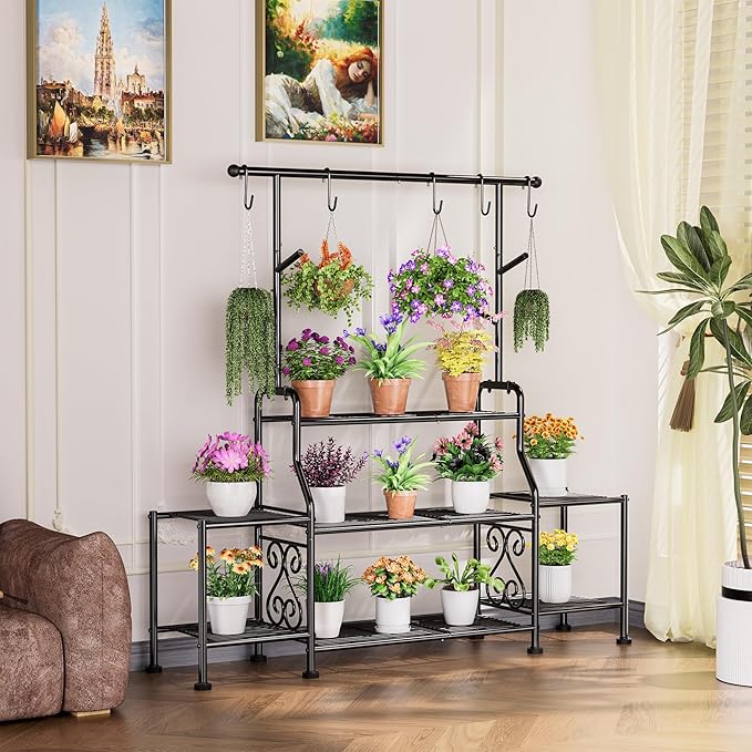 GIOTORENT 3-Tier Tall Metal Plant Stand Indoor Outdoor - Heavy Duty Plant Shelf for Garden, Patio, Balcony with 5 Hanging Hooks, Holds 16-25 Plants, Black