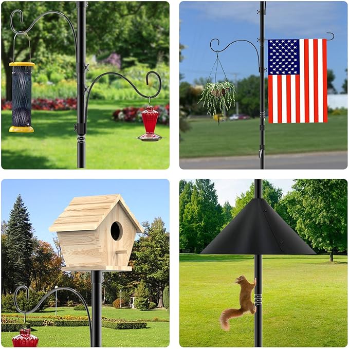 Bird Feeder Pole 118 Inch, Hummingbird House Mount Kit With Squirrel Proof Baffle, Double Shepherds Hooks for Outdoor, Yard, Garden Decor, Black (House Not Included)