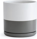 D'vine Dev 10 Inch Ceramic Planter Pot with Drainage Hole and Saucer, Indoor Cylinder Round Planter Pot, White/Speckled Grey, 94-O-E-6