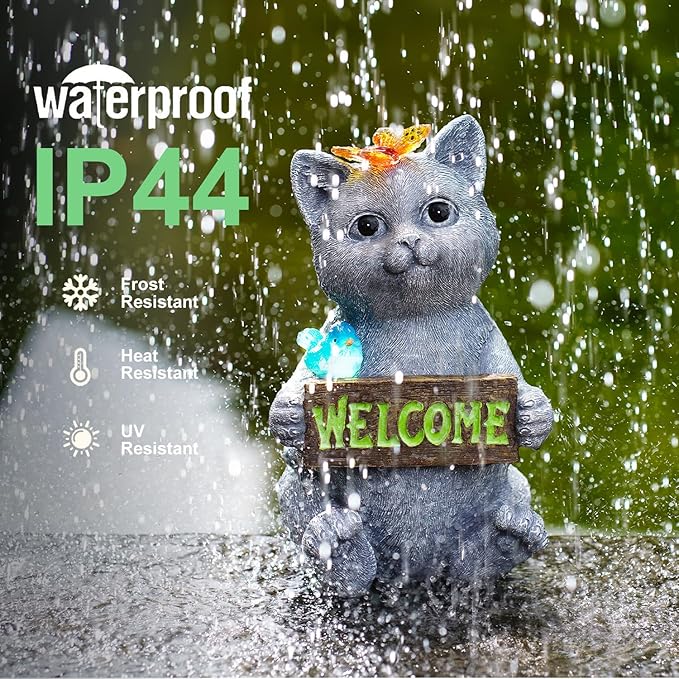 Solar Cat Figurine Garden Statues : Outside Welcome Cat Statue with Butterfly for Garden Decor and Yard Decorations - Unique Gifts for Women and Mom