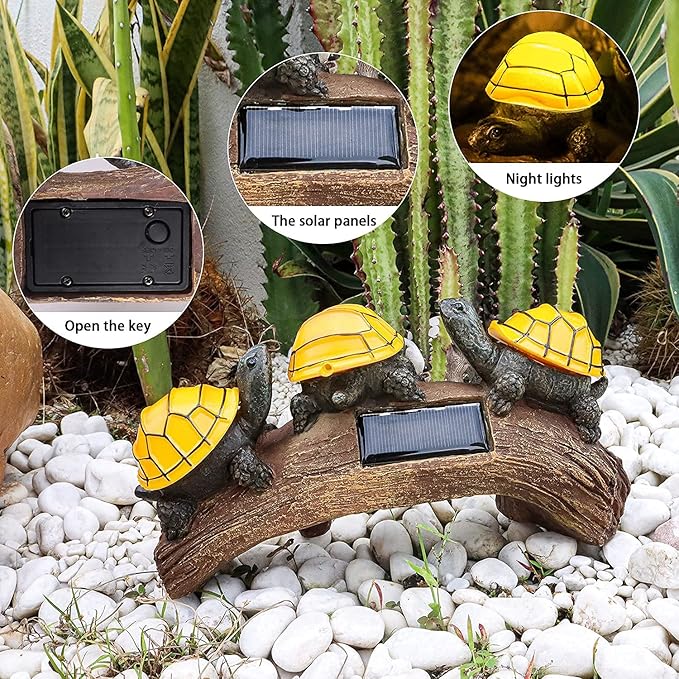 pearlstar Solar Outdoor Statues Turtle on Log Yard Decor Waterproof Figurine Light Garden Decorations Lawn Ornaments for Patio Backyard Gift for Mom Woman Grandma Lovers