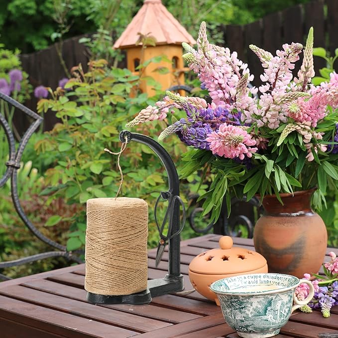Sungmor Cast Iron Garden Twine Holder Set - 1300ft. Natural Jute Twine String & Rope Rack & Scissors - Decorative & Practical Home Arts Crafts Tools for Picture Display Gift Wrapping Packing Gardening