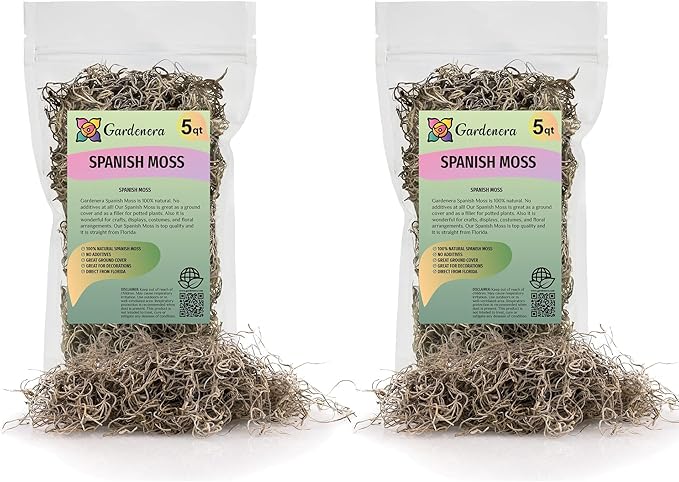 Premium Natural Spanish Moss | Natural Preserved - 10 Quart - Great Ground Cover - Filler for Potted Plants (2 Bags of 5 Quart)