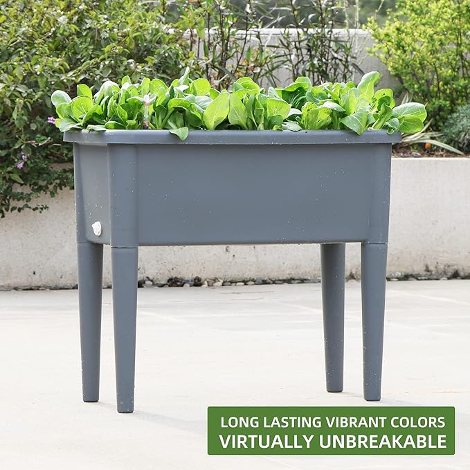 Dexceder 13.2 Gallon Self Watering Raised Garden Bed with Ventilation Transparent Lid Greenhouse, Deepen Vegetable Flower Box Planter Pot with Removeble Legs & Water Level Indicator (Deep Gray)