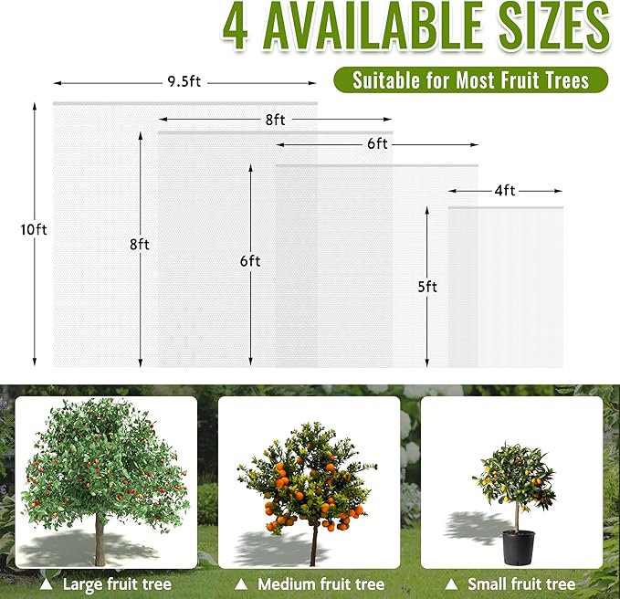 2 Pack Fruit Tree Netting Bags with Zipper and Drawstring, Ultra Fine Mesh Garden Netting Plant Cover, Bird Netting for Blueberry Bushes, Fruit Vegetable Trees, Flowers (White, 10 x 10 ft)