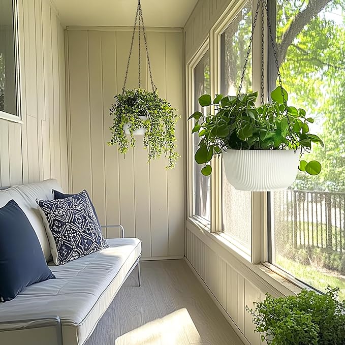T4U 12 Inch Large Hanging Planters for Outdoor Plants, 2 Pack Self Watering Hanging Pots Indoor, Hanging Baskets for Plants,Hanging Flower Pot with Drainage Hole and Plant Hanger, White