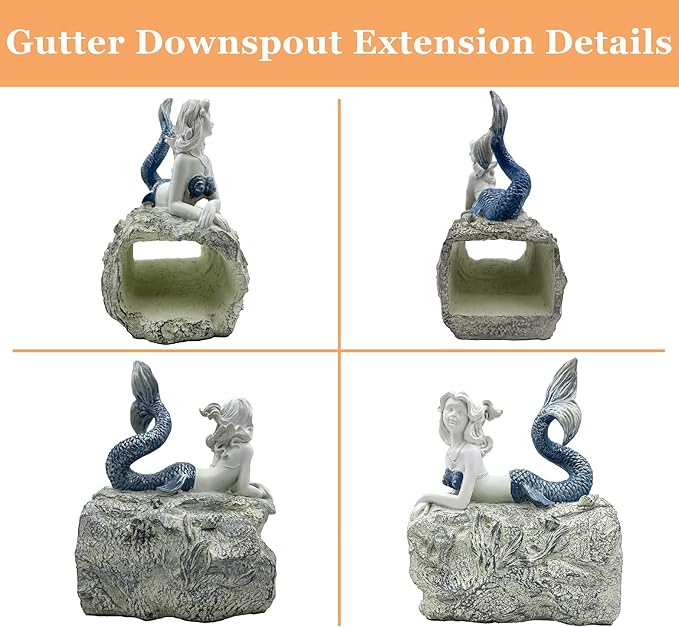 Mermaid Gutter Downspout Splash Block Statue, Garden Outdoor Animal Decor Sculpture, Diverter Rain, Decorative Extension, Waterproof Resin, Fits 3"x4" Rectangular Downspouts, Unique Gift