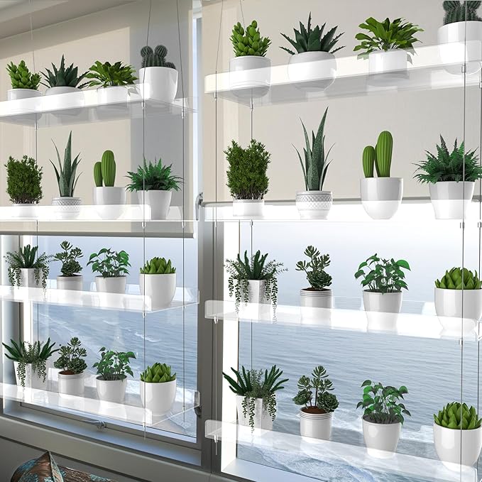 4-Tier Hanging Clear Plant Shelves for Windows, Acrylic Window Wall Plant Stand Shelf for Kitchen Indoor Gardens, Flower, Succulents, Herb, Seedling Organization, and Pots Display, 16 Inch per Tier
