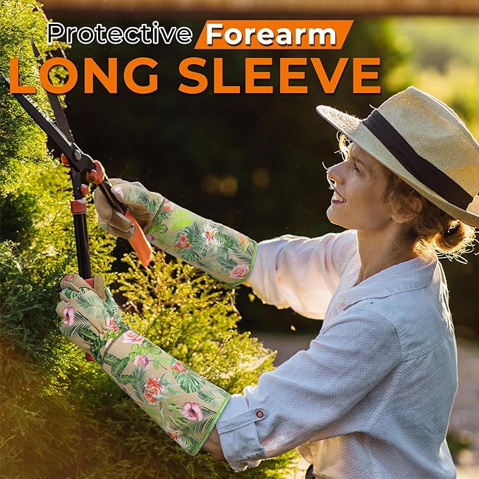 HANDLANDY Leather Gardening Gloves for Women, Thorn Proof Breathable Ladies Rose Pruning Garden Gauntlet Yard Gloves, Gift for Gardeners (Khaki, S)