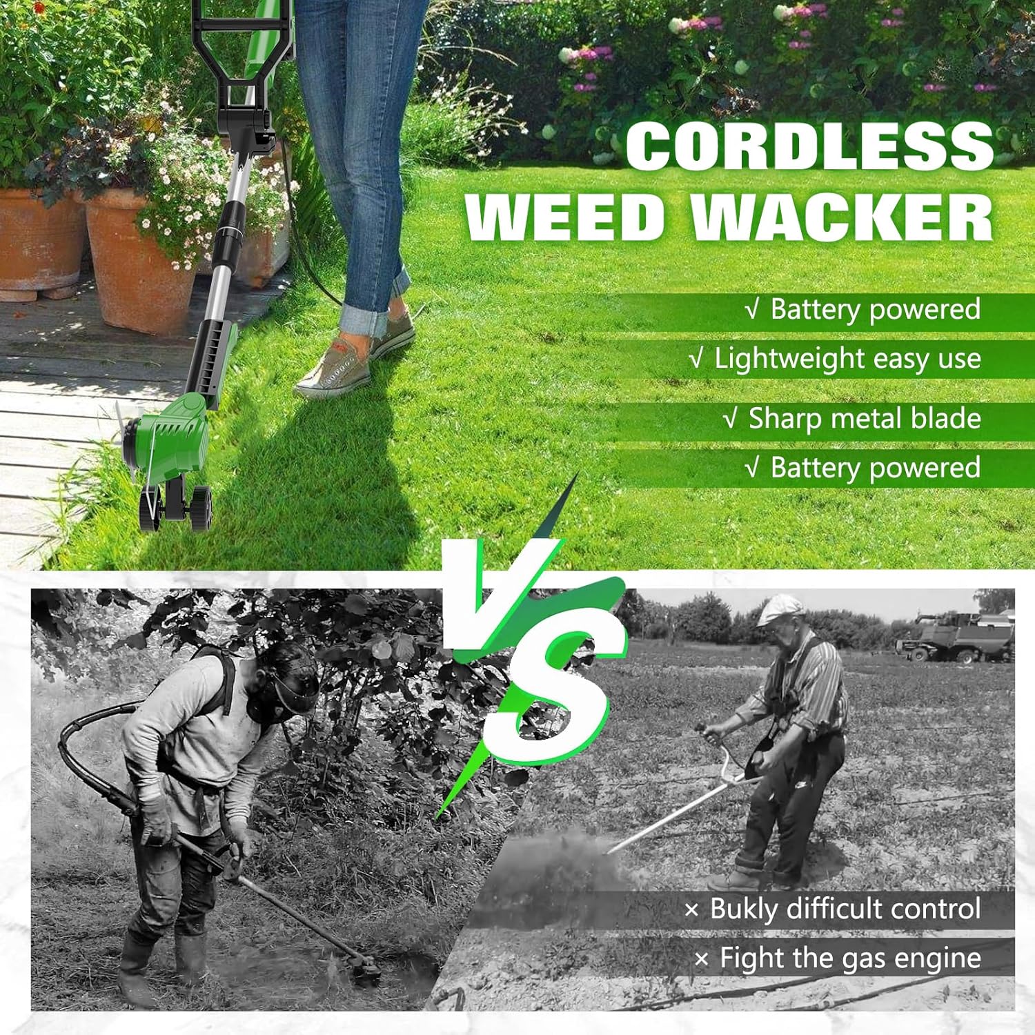 Electric Weed Wacker Eater Cordless Battery Powered, Weed Trimmer 21V Lightweight No-String with 2 Battery Operated & Wheels, 3 in 1 Stringless Grass Trimmer/Edger/Brush Cutter for Garden Yard Lawn