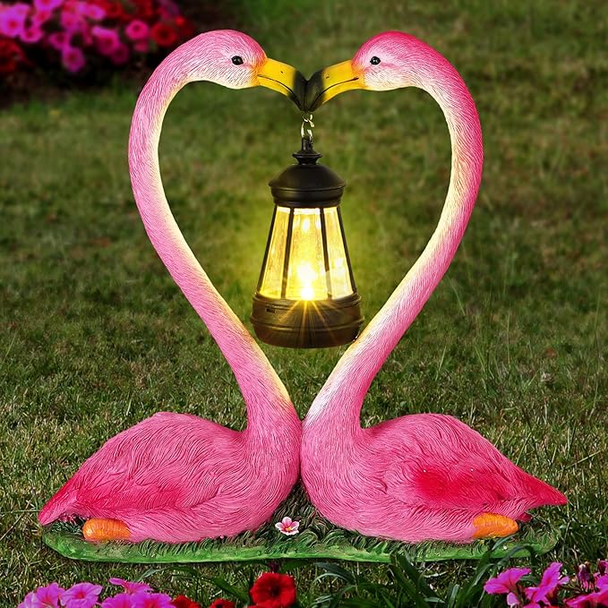 Kiss Flamingo Statue Garden Decor with Solar Lights LED Outdoor Decoration Figurines for Yard Patio, Porch, Home, Flamingo Gift for Mothers Day, Women, Mom, Grandma Anniversary Couple Wife
