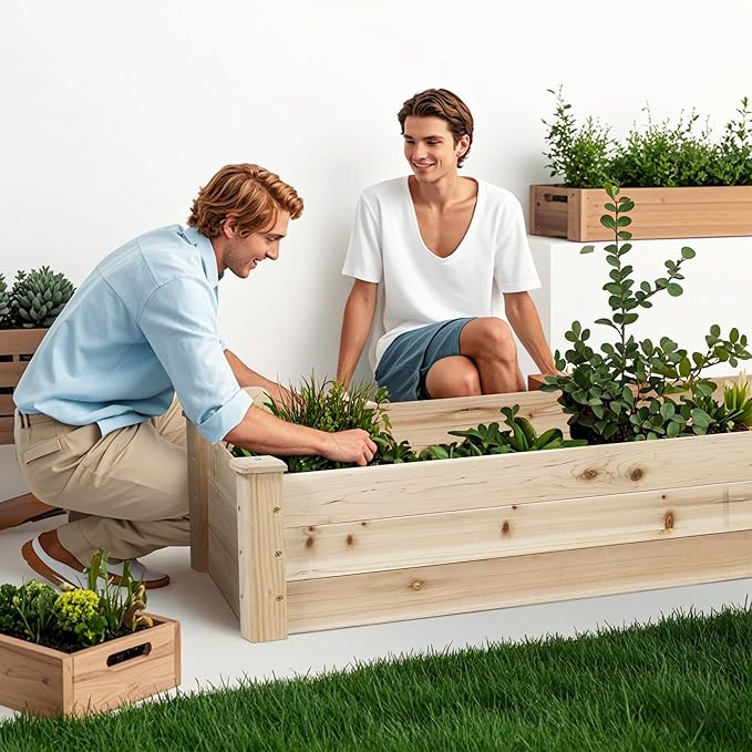 8 Feet Outdoor Wooden Raised Garden Bed, Elevated Planting Planter Box Kit for Vegetables Fruits Grow Yard Gardening, Natural