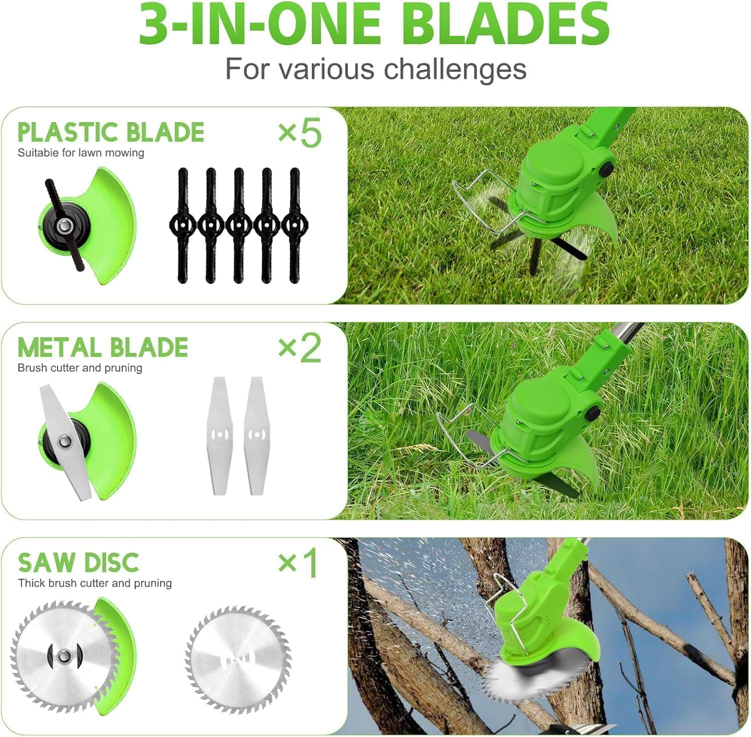 Electric Weed Wacker Cordless stringless,Grass Trimmer,with 2 Batteries, 1 Charger, 3 Types Blades, Weed Wacker Eater Battery Powered Lightweight Battery Weed Trimmer for Yard and Garden