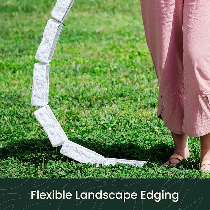 Beuta Landscape Edging | Garden Edging Border | No Dig Faux Stone Bricks & Spikes for Lawn Edging, Flower beds, Pathways & Yards – 1 Pack | Each Pack Has 6 Bricks 48" Lx 4" W x 2.25" H|Limewash