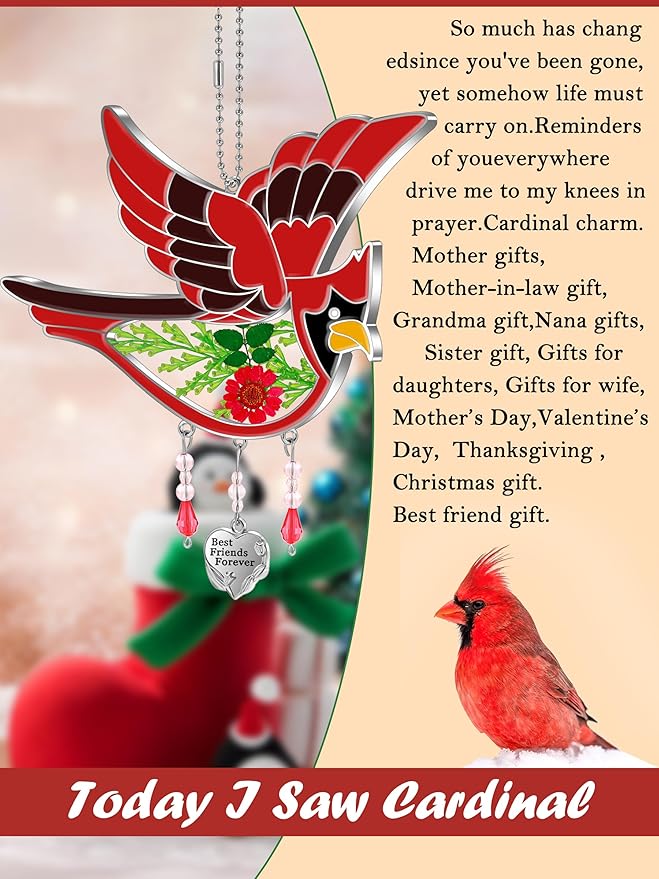 KY&BOSAM Best Friend Forever Cardinal Suncatcher Gifts for Friend Hand-Painted Garden Ornament Hanging Wind Chime with Pressed Flower Cardinal Embedded in Glass Mother`s Day Birthday Christmas