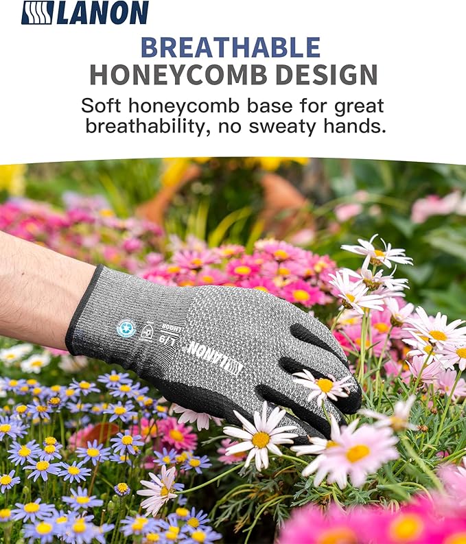 LANON Gardening Gloves for Men Women, 2 Pairs Nitrile Coated Garden Gloves with Grip, Breathable B.COMB AIR Technique, Dusty Olive & Bluebird, Medium