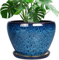 10 Inch Ceramic Planter Pot, Ceramic Plant Pot for Indoor Outdoor Plants, Large Flower Pot with Drainage Hole and Saucer, Blue