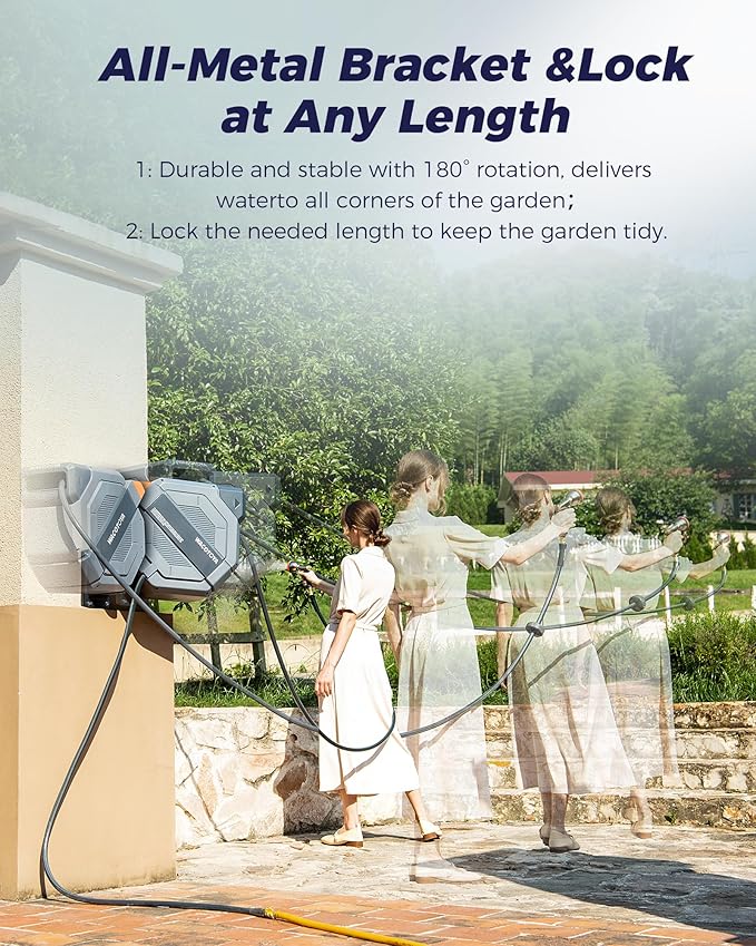 Retractable Garden Hose Reel 5/8 in x 100 ft Professional Metal Bracket & 9-Pattern Metal Nozzle UV Resistant Brass Fitting Heavy Duty Wall Mount Any Length Lock Slow Retraction 180° Swivel