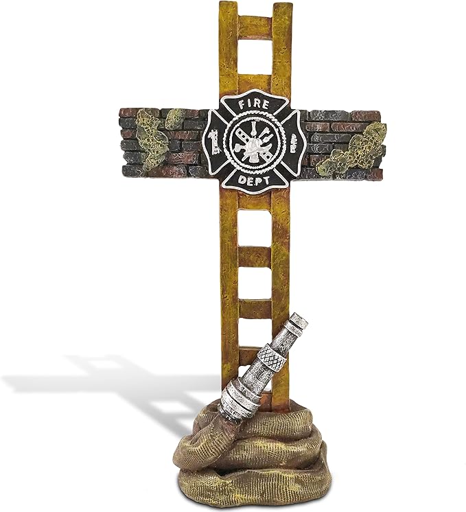 Firefighter Accessories, Fireman Standing Cross Statue Memorial 10", Fire Fighter Gifts