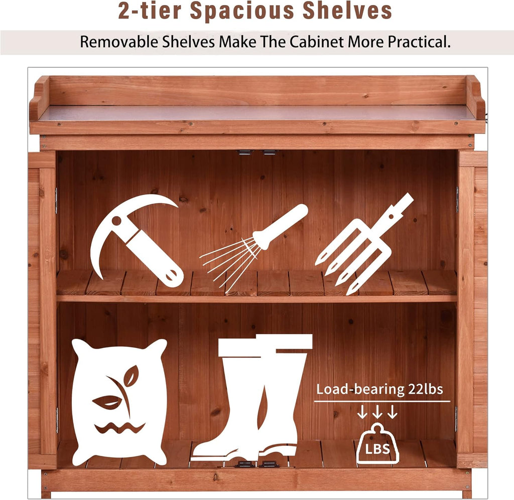 Merax Outdoor 39" Potting Bench Table, Rustic Garden Wood Workstation, Storage Cabinet with 2-Tier Shelves and Side Hook, Orange