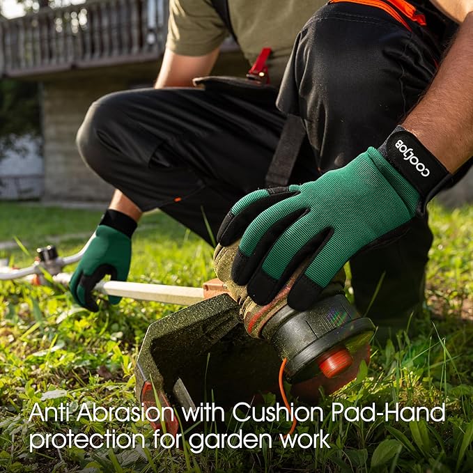 COOLJOB Thorn Proof Garden Gloves with Touchscreen Fingers for Men, Rose Pruning Work Gloves with Palm Cushion for Gardener, Farmer and Landscaper (Green 1 Pair XL)