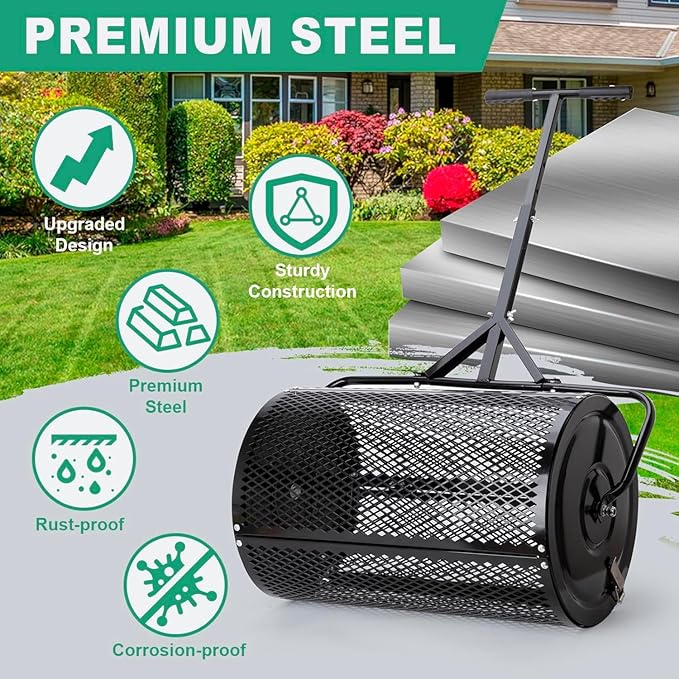 Compost Spreader, Durable Lawn Roller, Manure Spreader with Upgrade T Shaped Handle, Top Soil Spreader for Lawn and Garden Care Manure Spreaders Roller (16 Inch-T-Black-S)