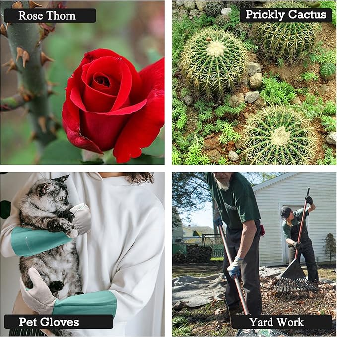 HANDLANDY Long Gardening Gloves for Men & Women, Thorn Proof Rose Pruning Gloves Leather Gauntlets Garden Glove Yard Work Glove (Large, Green)