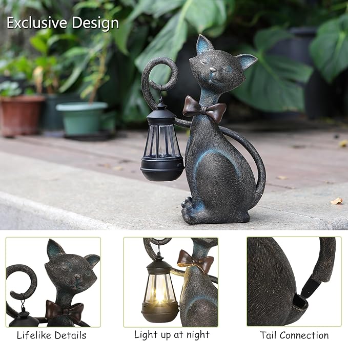 Whimsical Solar Cat Statue Decor with Solar Lantern - Unique Outdoor Spring Garden Decor for Patio, Balcony and Yard Art Lights - Ideal Mothers Day Birthday Gifts for Mom,Grandma,Women and Cat Lovers