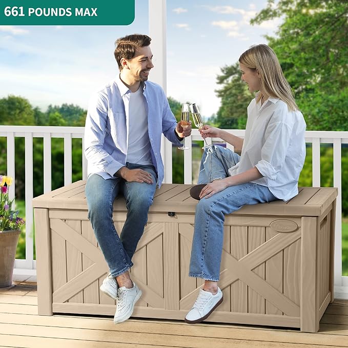 YITAHOME 120 Gallon Large Deck Box, Upgraded Resin Outdoor Storage Boxes w/Flexible Divider, Waterproof Cushion Storage Bench for Patio Furniture, Pool Supplies, Garden Tools - Lockable, Taupe